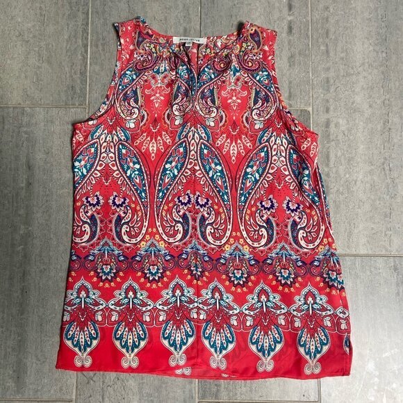 Rose + Olive Sleeveless V-Neck Flowy Blouse Top Pink Pattern Size XS - Picture 1 of 10